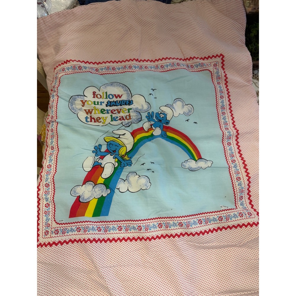 Vintage Smurfs  blanket Peyo Rainbow Polka Dot Follow Your Smurfs Retro 80s